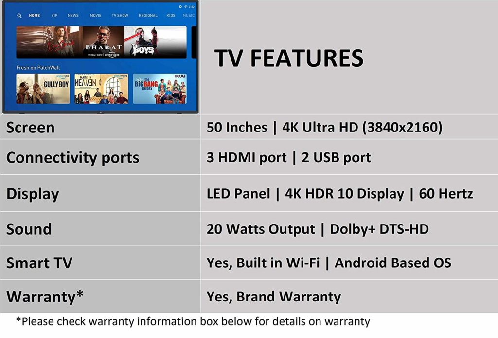 MI TV Features, xiaomi led tv, 50 inches LED
